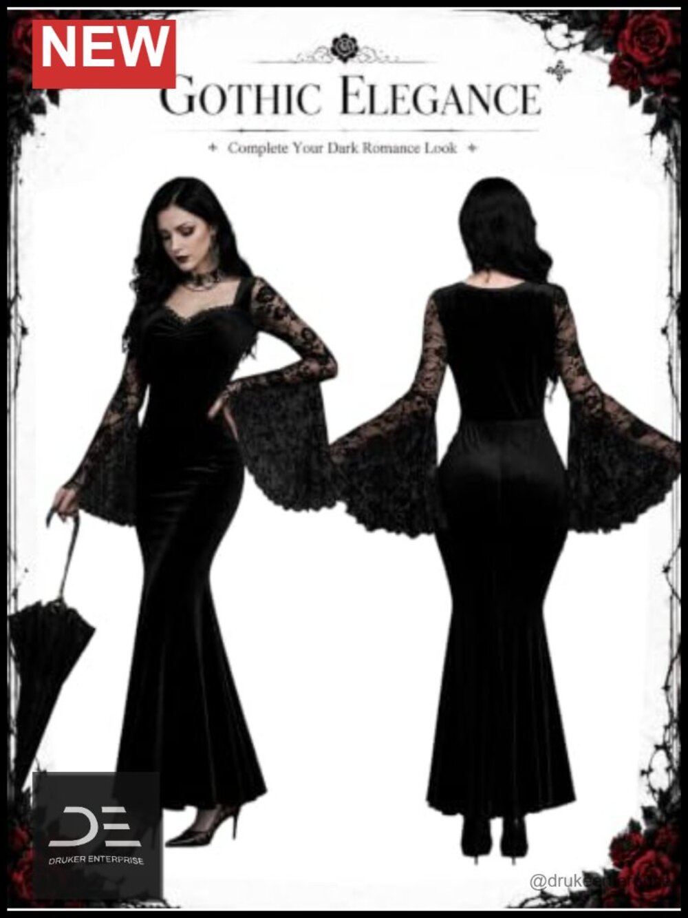 Velvet Mermaid Goth Dress Lace Bell Sleeve V-Neck Long Sleeve Maxi Cosplay Party - Picture 3 of 6
